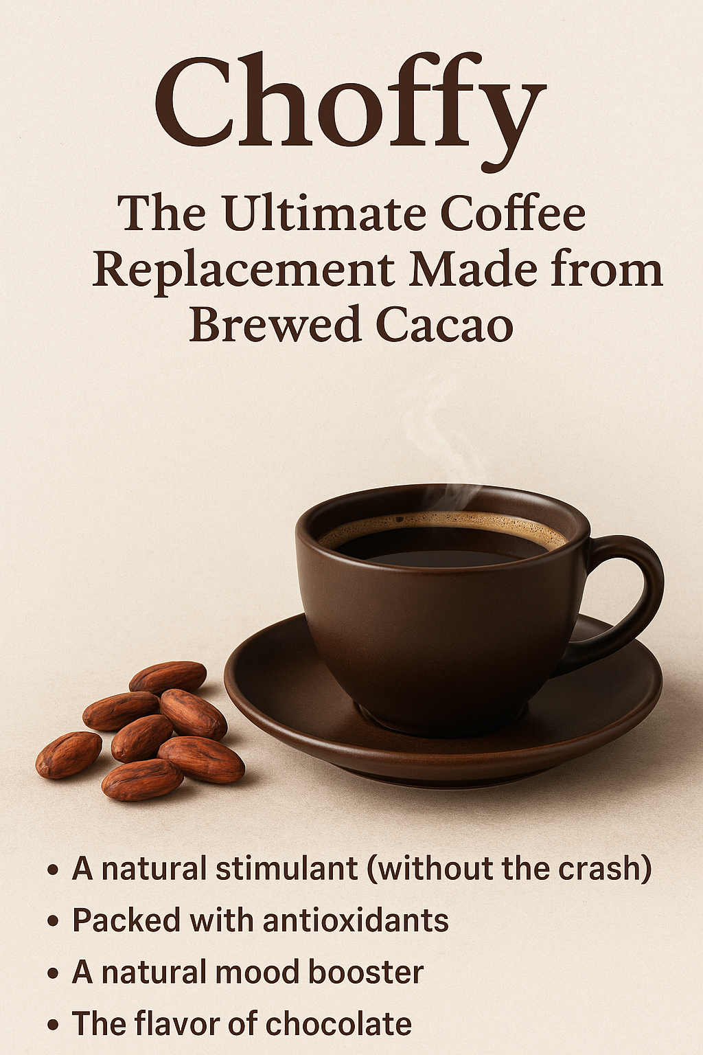 Meet your “total package” coffee replacement—Choffy Brewed Cacao made from 100% cacao beans.