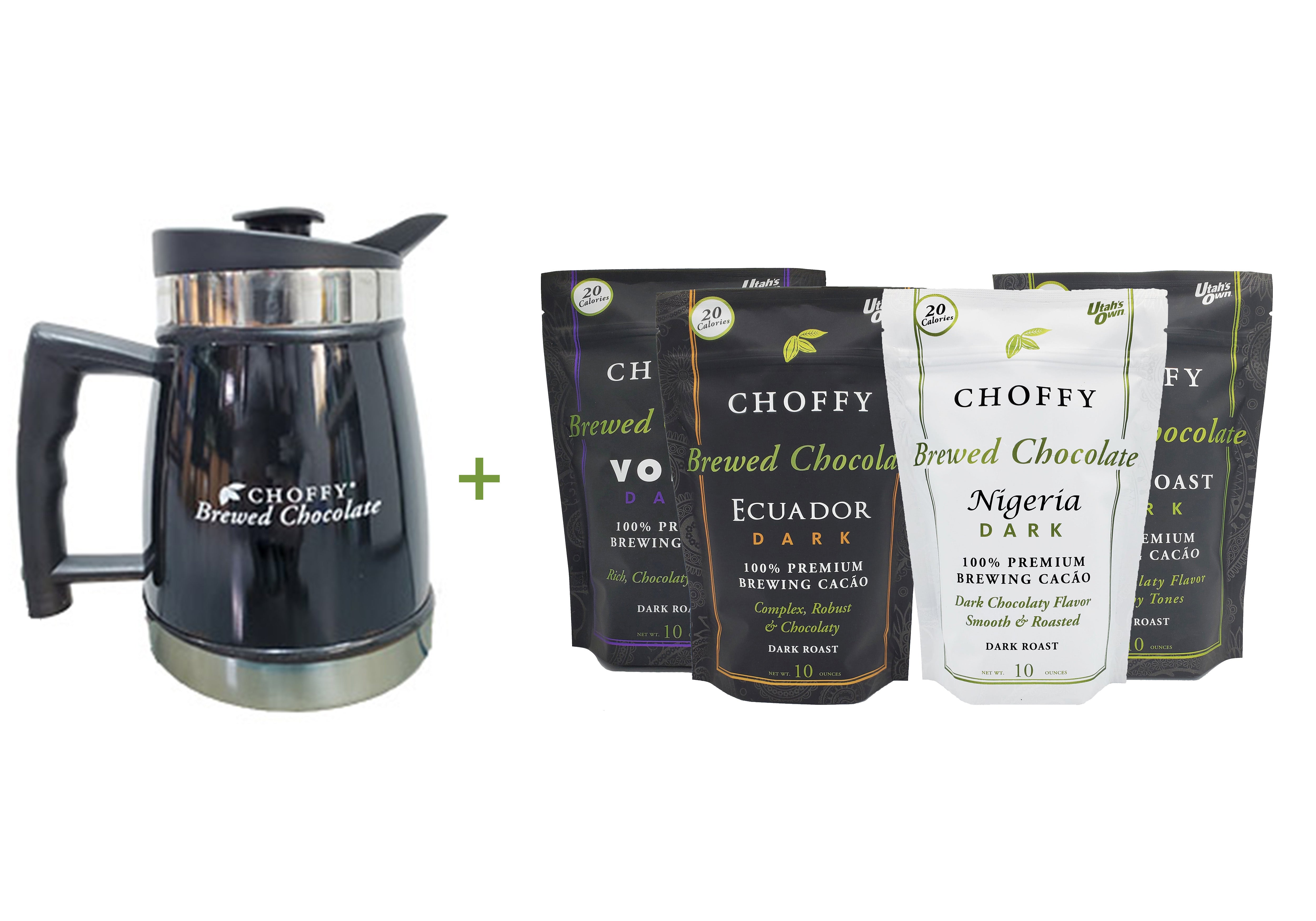 Choffy Brewed Cacao - Dark Roast Variety Set with a French Press - Chrome