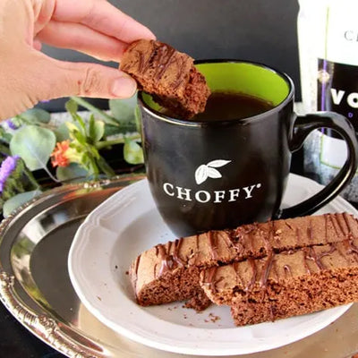 Choffy chocolate biscotti cooling on a rack