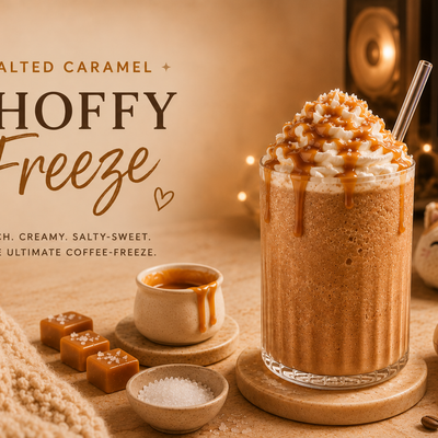 A blended salted caramel Choffy freeze topped with whipped cream and a straw