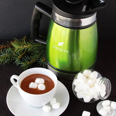 A mug of decadent hot chocolate made with brewed Choffy