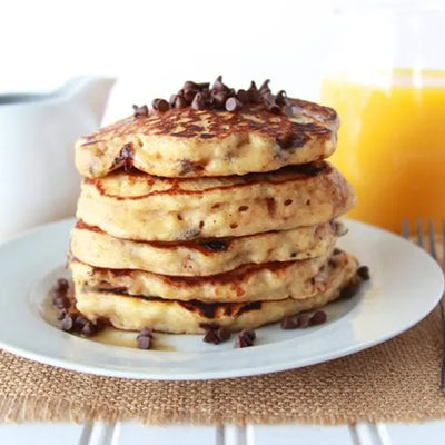 Chocolate chip pancakes with Choffy syrup poured over