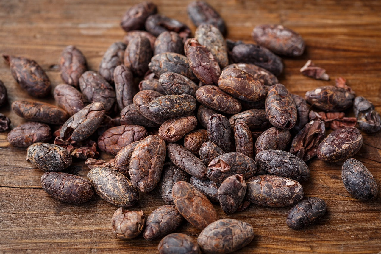 Cacao beans sitting on a table