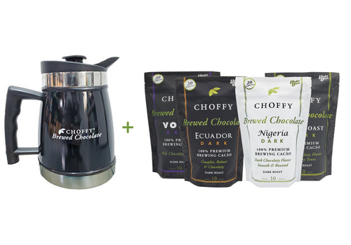 Choffy Brewed Cacao - Dark Roast Variety Set with a French Press - Chrome